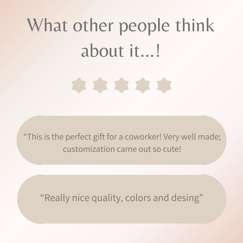 May include: A light beige graphic with the text "What other people think about it...!". Below are five star icons and two customer reviews. The first review says, "This is the perfect gift for a coworker! Very well made; customization came out so cute!"