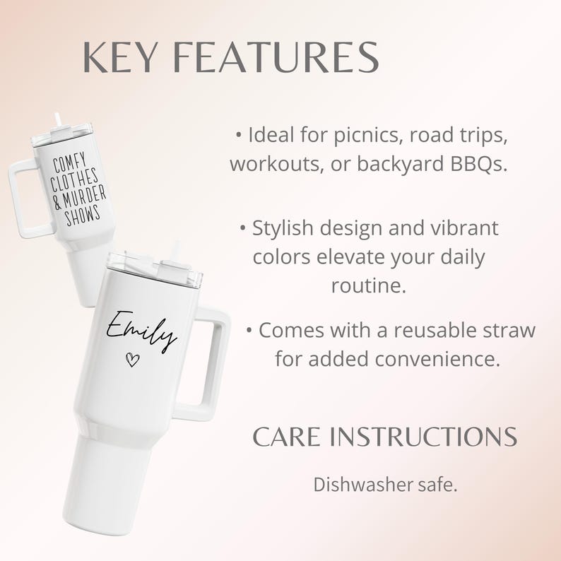 May include: Two white insulated tumblers with handles and lids. One tumbler has the text "COMFY CLOTHES & MURDER SHOWS". The other tumbler has the name "Emily" and a heart symbol. Both tumblers have a reusable straw.