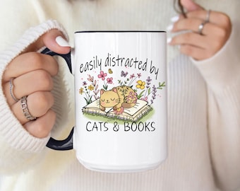 Taza de mamá gato, regalo de mamá gato, distraído fácilmente por gatos y libros, ideas de regalos para amantes de los gatos, gatos y libros, taza de gatos divertidos, regalo para dueños de gatos