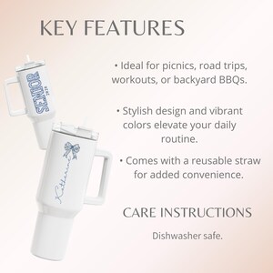 May include: White insulated tumbler with a handle and a straw. One tumbler has the word "SENIOR 2026" in blue, the other has a blue bow and the name "Katherine". The tumblers are dishwasher safe.
