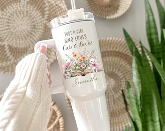 Books and Cats 40 oz Tumbler, Book Lover Gift, Cat Mom Travel Mug, Reading Coffee Cup, Cute Cat Bookish Tumbler, Literary Gift for Readers