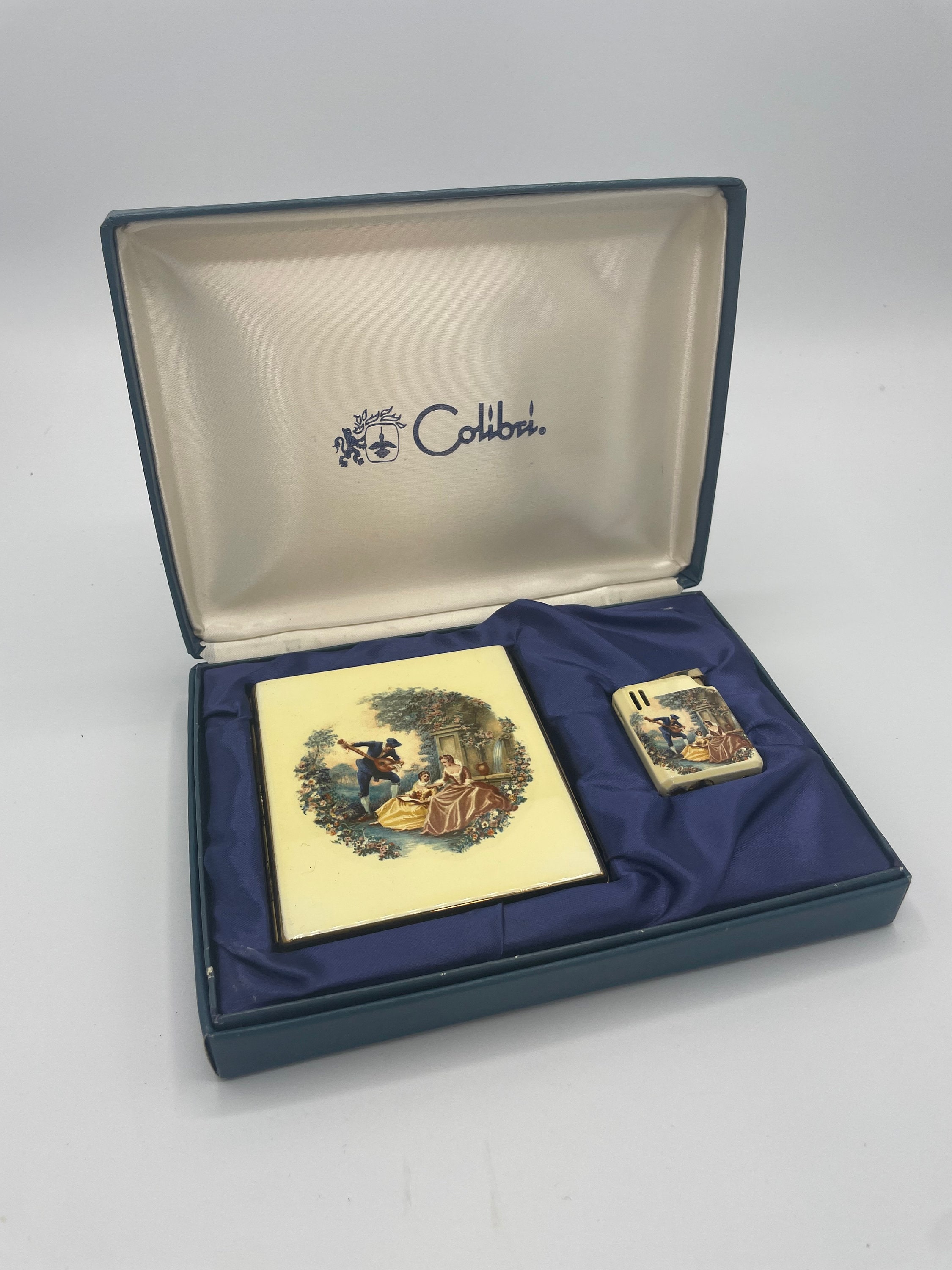 colibri cigarette case Vintage Colibri Courting Scene Cigarette Case and Lighter Smoking Set With  Display Case