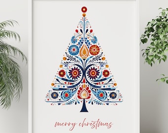 Scandinavian Folk Art Christmas Tree Print, Personalized Nordic Print, Bedroom Living Room Cafe Decor - Christmas Gift