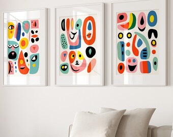 Abstract Face Wall Art Set of 3: Colorful Mid-Century Modern Prints