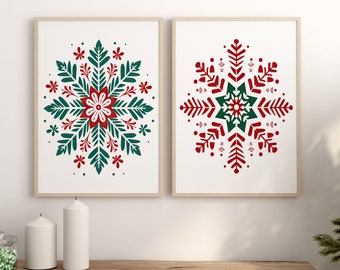 Christmas Snowflake Canvas Wall Art Print Set of 2, Nordic Prints, Scandinavian Folk Art Prints, Bedroom Living Room Decor