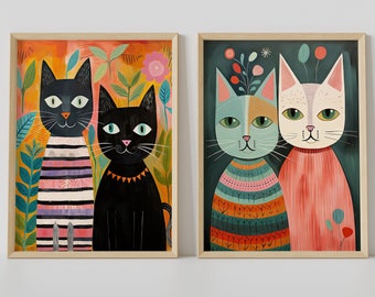 Scandinavian Folk Art Cat Prints - Colorful Cat Wall Art Set of 2, Whimsical Nordic Animal Illustrations, Playful Feline Decor for Home
