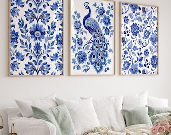 Blue Canvas Wall Art Print Set of 3, Floral Peacock Print, Bedroom Living Room Wall Decor, Scandinavian Canvas Art Print