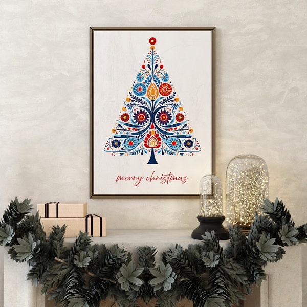 Scandinavian Folk Art Christmas Tree Print, Personalized Nordic Print, Bedroom Living Room Cafe Decor - Christmas Gift