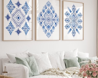 Scandinavian Blue Folk Art Canvas Prints Set of 3, Nordic Wall Art, Bedroom Living Room Kitchen Decor, Blue Wall Art Print