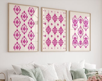 Scandinavian Pink Folk Art Canvas Prints Set of 3, Nordic Wall Art, Bedroom Living Room Kitchen Decor, Beige & Pink Art Print