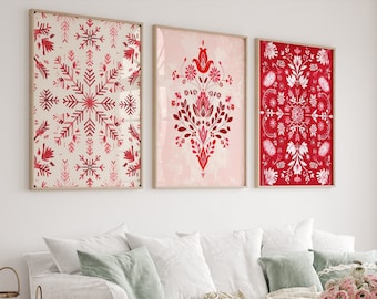 Scandinavian Folk Art Red Pink Floral Canvas Wall Art Set of 3, Nordic Prints, Bedroom Living Room Home Decor, Norwegian Flower Art