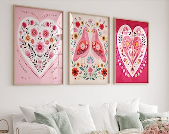 Valentines Day Canvas Wall Art Print Set of 3, Heart Bird Print, Bedroom Living Room Home Decor, Scandinavian Folk Art, Poster Gift