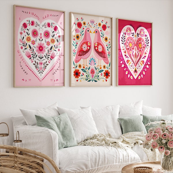 Valentines Day Wall Art Set of 3, Heart Bird Print, Bedroom Living Room Home Decor, Scandinavian Folk Art, Gift