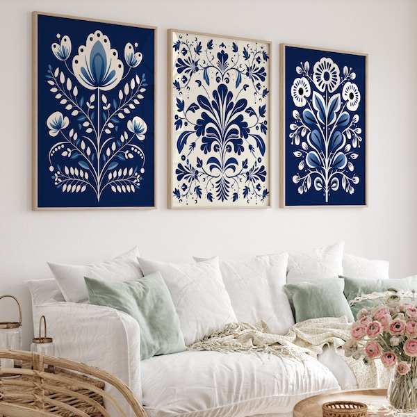 Skandinavische Volkskunst Blaue Blumen Wandkunst 3er-Set, Nordische Drucke, Schlafzimmer Wohnzimmer Wohnkultur, Norwegische Blumenkunst