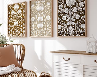 Scandinavian Folk Art Floral Canvas Wall Art Set of 3, Nordic Prints, Bedroom Living Room Home Decor, Norwegian Flower Art