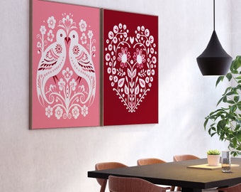 Valentines Day Canvas Canvas Wall Art Print Set of 2, Heart Bird Print, Bedroom Living Room Cafe Home Decor, Scandinavian Folk Art, Gift