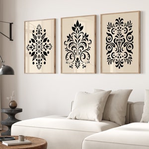 Folk Art Wall Art Set of 3 - Scandinavian Floral Prints, Minimalist Ethnic Decor, Modern Ornamental Artwork for Living Room