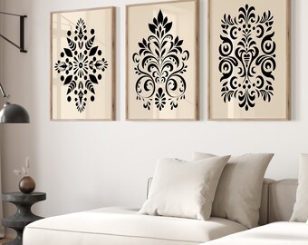 Folk Art Wall Art Set of 3 - Scandinavian Floral Prints, Minimalist Ethnic Decor, Modern Ornamental Artwork for Living Room