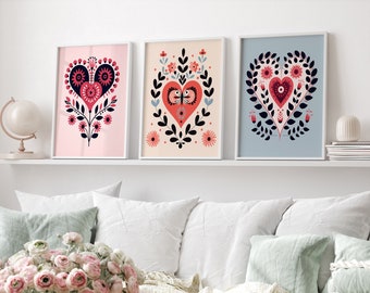 Valentines Day Canvas Wall Art Print Set of 3, Pastel Colors, Floral Heart Print, Bedroom Living Room Home Decor, Canvas Gift