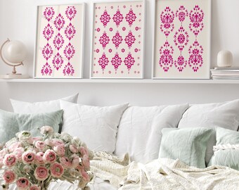 Pink Folk Art Wall Art Set of 3 - Scandinavian-Inspired Floral Prints, Modern Boho Home Decor, Ethnic Pattern Artwork on Beige Background