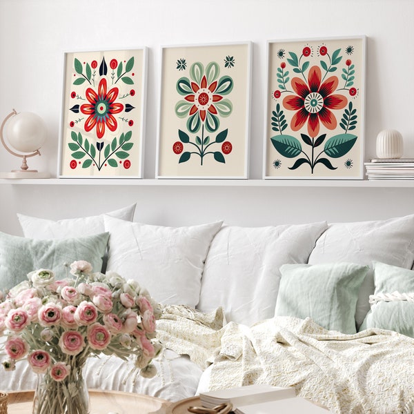 Scandinavian Folk Art Flower Wall Art Set of 3, Nordic Prints, Bedroom Living Room Home Decor, Norwegian Flower Art