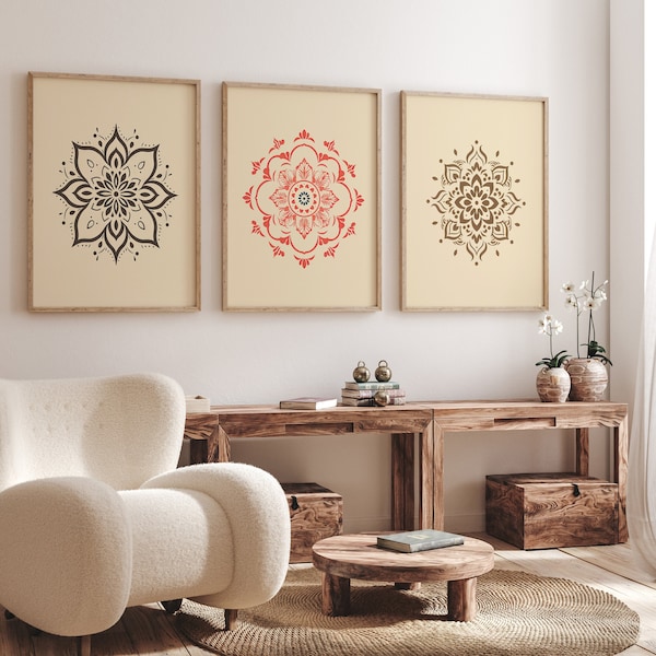 Mandala Art Prints Set of 3, Bedroom Living Room Home Decor, Floral Minimalist Wall Art