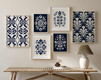 Navy Blue Folk Art Wall Art Set of 6 - Scandinavian Floral Prints, Nordic Botanical Poster Set, Cream & Blue Home Decor
