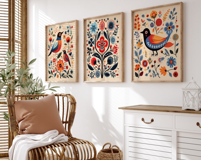 Featured listing image: Norwegian Folk Art Floral Bird Print Set of 3, Nordic Framed Canvas Wall Art, Scandinavian Art Print, Bedroom Living Room Home Cafe Decor