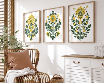 Scandinavian Floral Folk Art Green Yellow Canvas Wall Art Set of 3, Nordic Prints, Bedroom Living Room Home Decor, Norwegian Flower Art