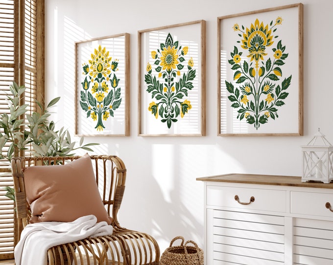 Scandinavian Folk Art Print Set of 3: Nordic Green Yellow Floral Wall ...