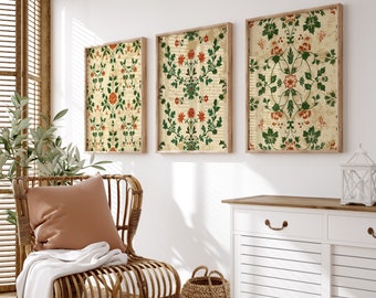 Vintage Indian Folk Art Print Set of 3 - Floral Wall Art, Boho Botanical Prints, Earthy Tones Home Decor, Cottagecore Aesthetic