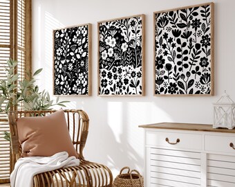 Scandinavian Folk Art Print Set of 3 - Black and White Botanical Wall Art, Nordic Floral Prints, Folk Art Decor, Hygge Home Wall Art