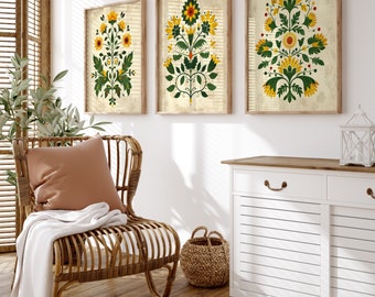 Scandinavian Folk Art Print Set of 3 - Nordic Floral Wall Art, Vintage Botanical Prints, Hygge Home Decor, Rustic Yellow & Green Artwork