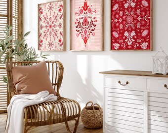 Red Folk Art Print Set: Scandinavian Floral Wall Art, Hygge Decor