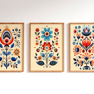 Scandinavian Folk Art Flower Wall Art Set of 3, Nordic Prints, Bedroom