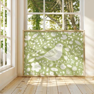 Scandinavian Folk Art Bird Canvas Wall Art Print, Green Abstract Floral Bird, Nordic Art, Home Living Room Decor