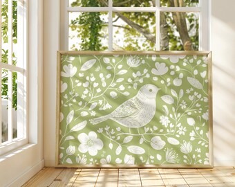 Scandinavian Folk Art Bird Canvas Wall Art Print, Green Abstract Floral Bird, Nordic Art, Home Living Room Decor