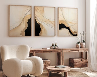 Neutral Abstract Art Prints Set of 3 - Beige and Black Wall Art, Modern Minimalist Decor for Living Room, Boho Aesthetic Artwork
