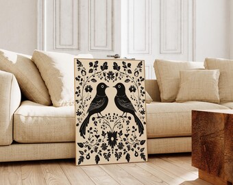 Scandinavian Folk Art Bird Print: Black and Beige Wall Art, Nordic Floral Design, Minimalist Home Decor