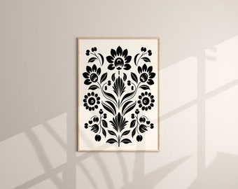 Scandinavian Folk Art Floral Canvas Wall Art Print, Nordic Prints, Bedroom Living Room Home Decor, Norwegian Beige & Black Flower Art