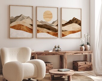 Modern Neutral Abstract Mountain Canvas Wall Art Print, Mid Century Boho Sun Prints, Beige Bedroom Living Room Home Decor, Minimalist Art