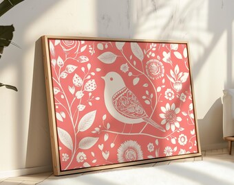 Scandinavian Folk Art Bird Canvas Wall Art Print, Pink Abstract Floral Bird, Nordic Art, Home Living Room Decor