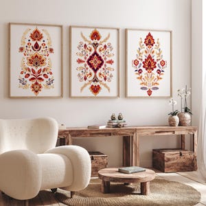 Folk Art Canvas Print Set of 3, Indian Vintage Wall Art, Bedroom Living Room Home Decor - Traditional Motifs