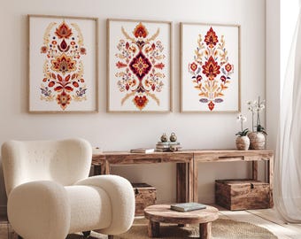 Folk Art Canvas Print Set of 3, Indian Vintage Wall Art, Bedroom Living Room Home Decor - Traditional Motifs