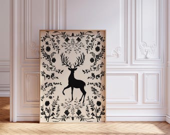 Guardian of the Grove | Scandinavian Folk Art Deer Print, Nordic Wall Art, Black Silhouette Woodland Decor, Nature Poster, Deer Illustration
