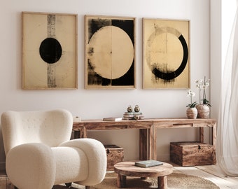 Minimalist Abstract Framed Canvas Wall Art Set of 3 - Modern Geometric Prints, Neutral Beige & Black Artwork, Contemporary Decor