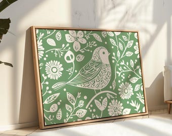 Scandinavian Folk Art Bird Canvas Wall Art Print, Green Abstract Floral Bird, Nordic Art, Home Living Room Decor
