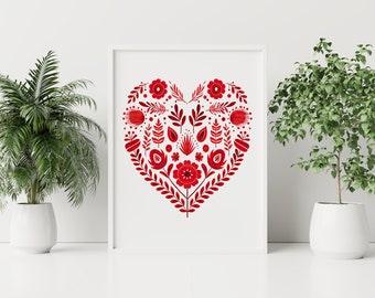 Scandinavian Folk Art Valentine Heart Canvas Wall Art Print, Nordic Print, Bedroom Living Room Home Decor
