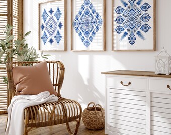 Blue Wall Art Set of 3: Scandinavian Folk Art Geometric Floral Prints for Modern Home Decor