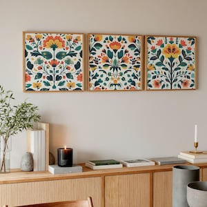 Scandinavian Folk Art Wall Art Set of 3: Colorful Floral Botanical Prints for Home Decor